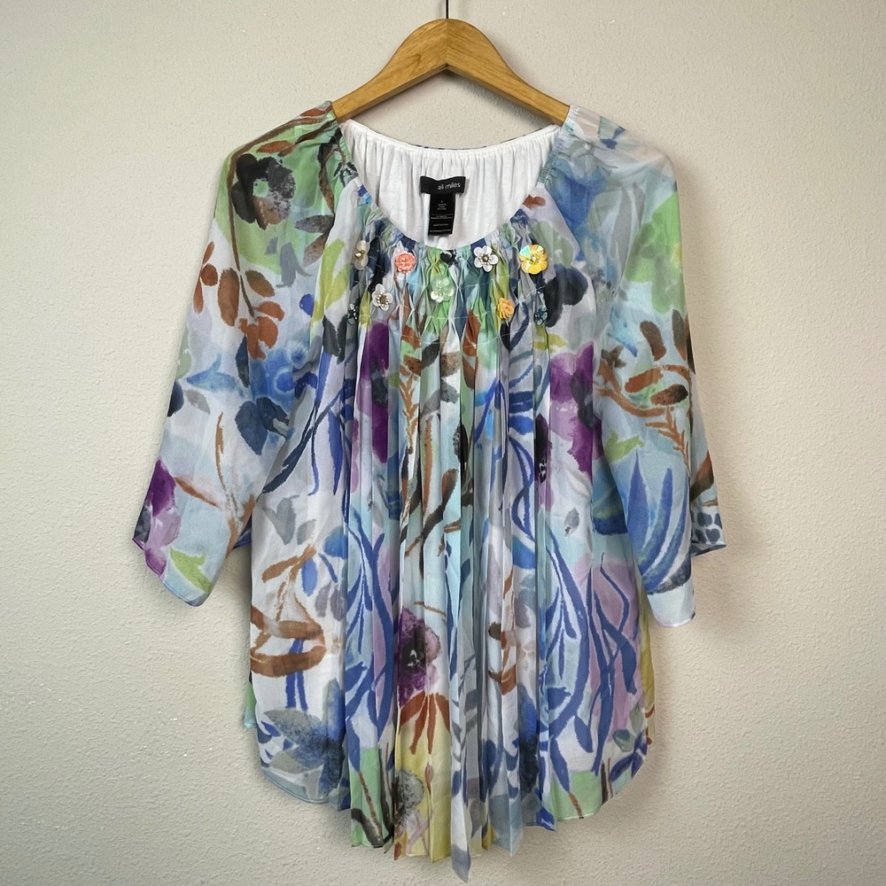 Ali Miles Floral 3/4‎ Sleeve Blouse Women Large Blue Multi Fairycore Embellished